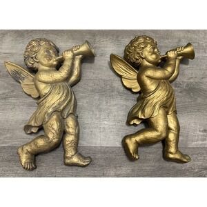 Vintage Gold Cherub Angels Wall Hangings Homco Syroco Home MCM Decor Set of 2